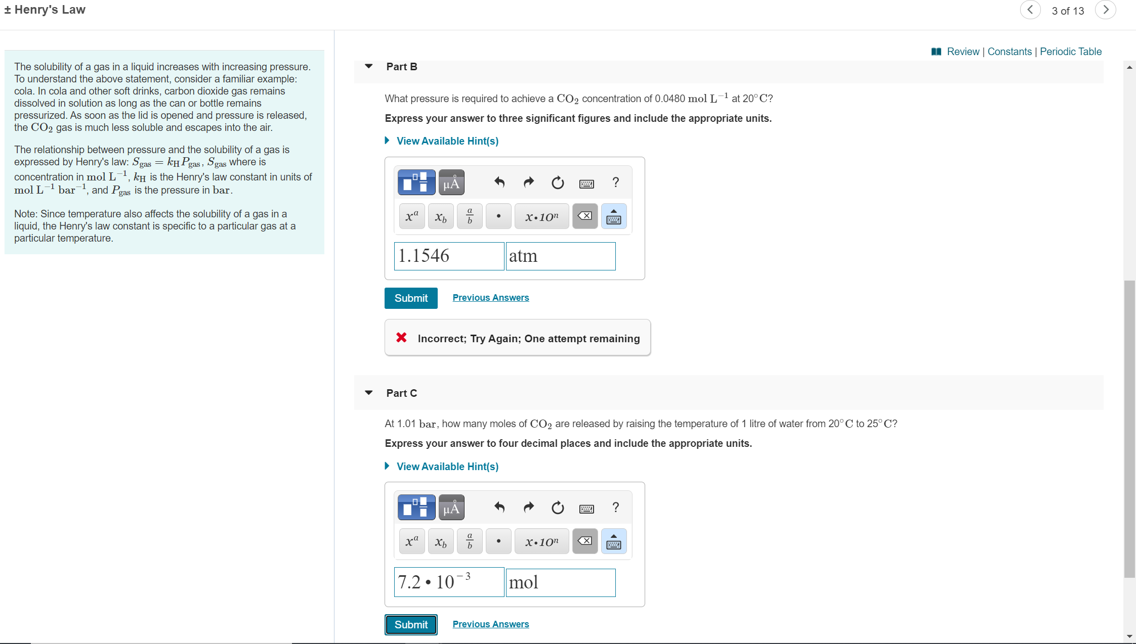 Solved + Henry's Law 3 Of 13 > A Review Constants Periodic | Chegg.com