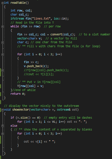 şint readTable() { int row, col; char col_c; ifstream | Chegg.com