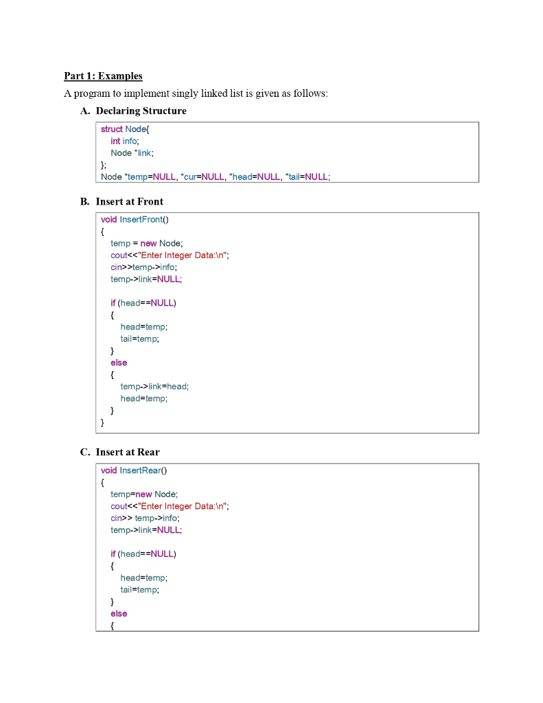 Solved Part 20 Examples A program to implement singly linked ...