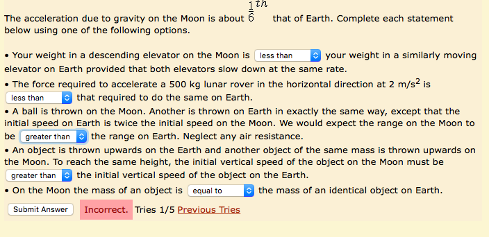 Solved th The acceleration due to gravity on the Moon is | Chegg.com