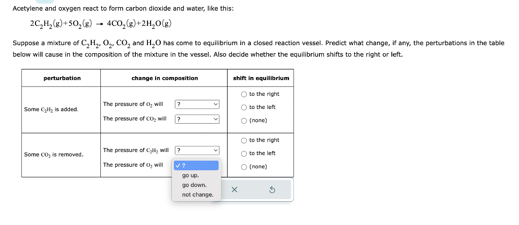 Acetylene and oxygen react to form carbon dioxide and water, like this:
\[
2 \mathrm{C}_{2} \mathrm{H}_{2}(\mathrm{~g})+5 \ma