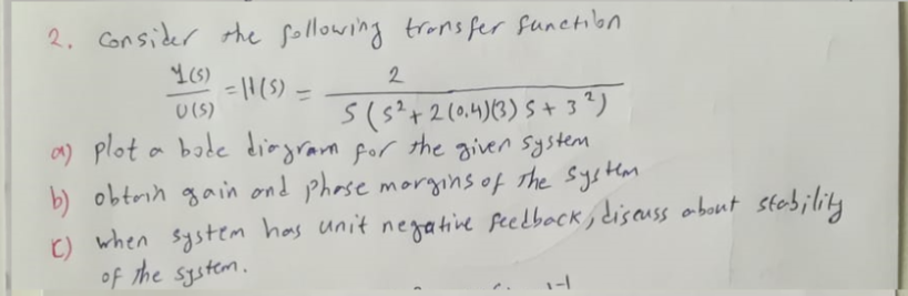 Solved 2. Consider the following transfer function | Chegg.com