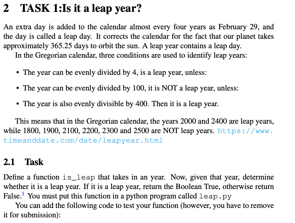 Solved 2 TASK 1:Is it a leap year? An extra day is added to | Chegg.com