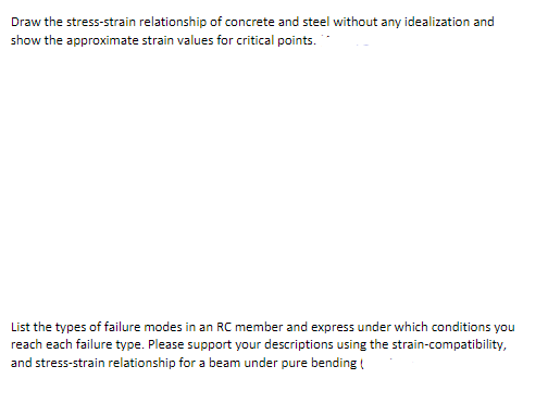 Draw the stress-strain relationship of concrete and steel without any idealization and show the approximate strain values for