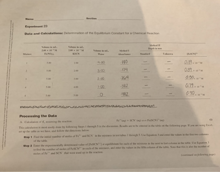 Name Section Experiment 23 Data And Calculations: | Chegg.com