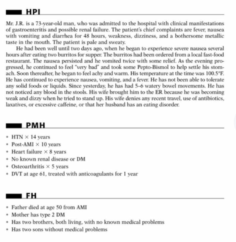 HPI Mr. J.R. is a 73-year-old man, who was admitted to the hospital with clinical manifestations of gastroenteritis and possi