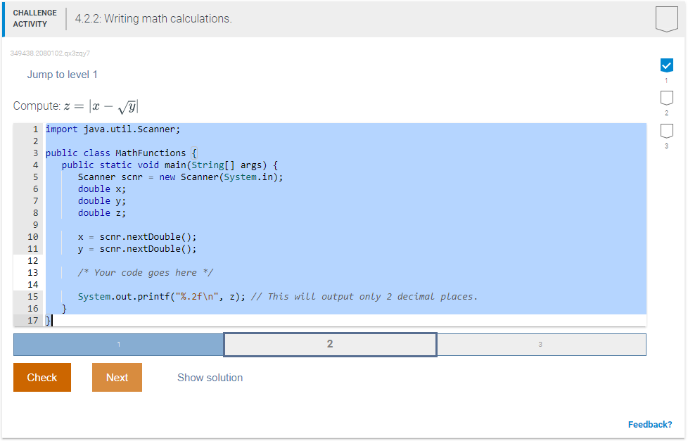 Solved CHALLENGE ACTIVITY 4.2.2: Writing math calculations 