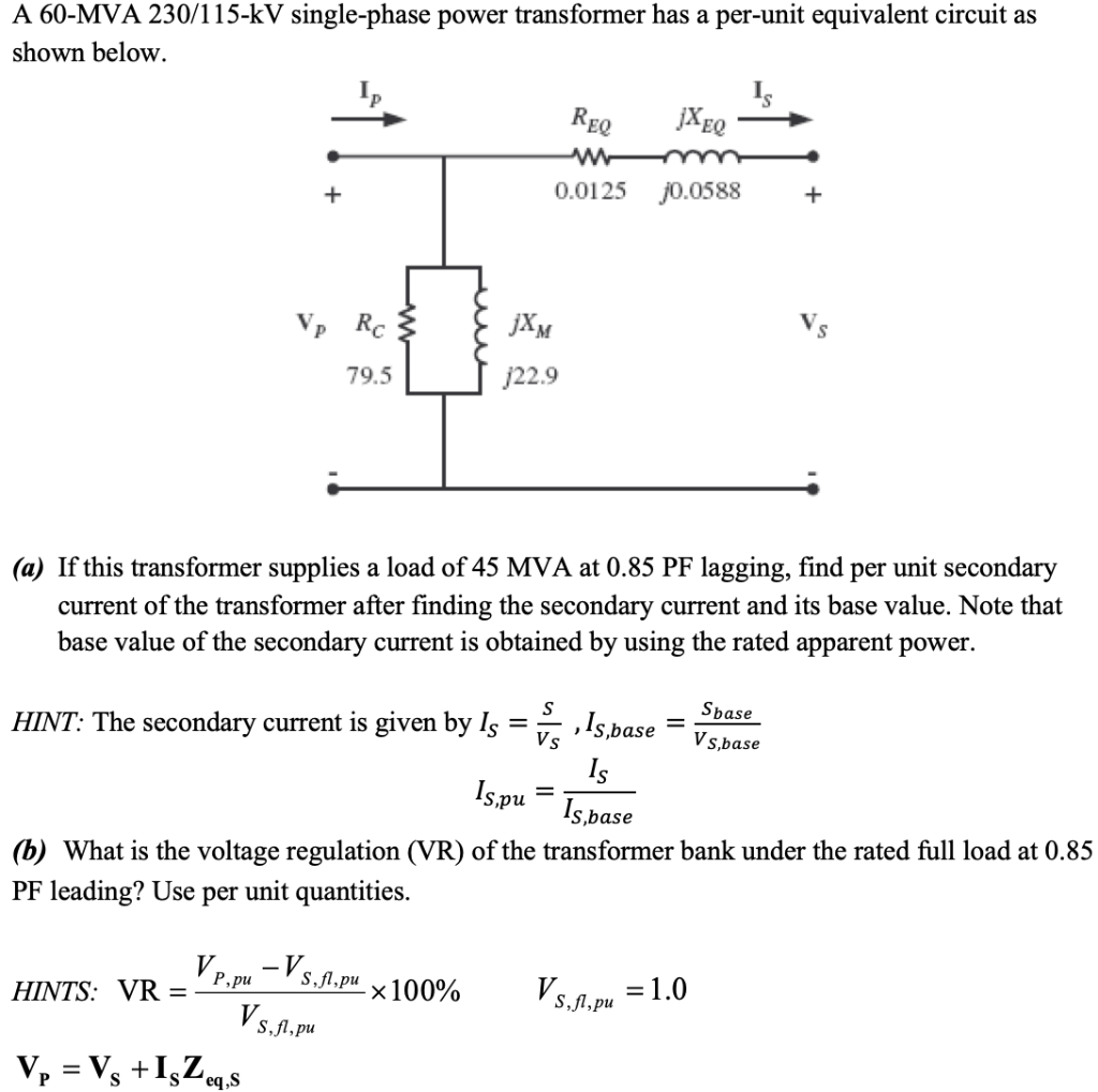 A 60-MVA 230/115-kV single-phase power transformer has a per-unit equivalent circuit as shown below.
(a) If this transformer
