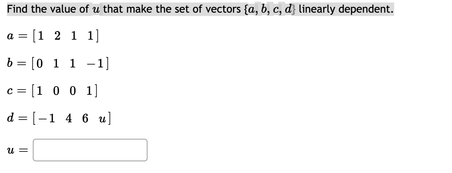 Solved Find the value of u that make the set of vectors | Chegg.com