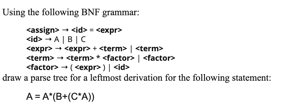 Using the following BNF grammar:
draw a parse tree for a leftmost derivation for the following statement:
\[
A=A^{*}\left(B+\