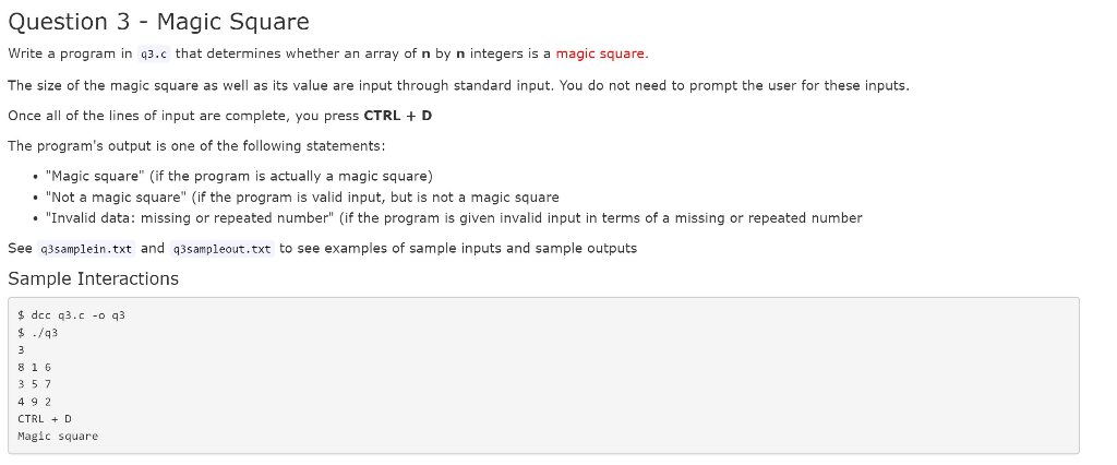 Solved Question 3 - Magic Square Write a program in 43.c | Chegg.com