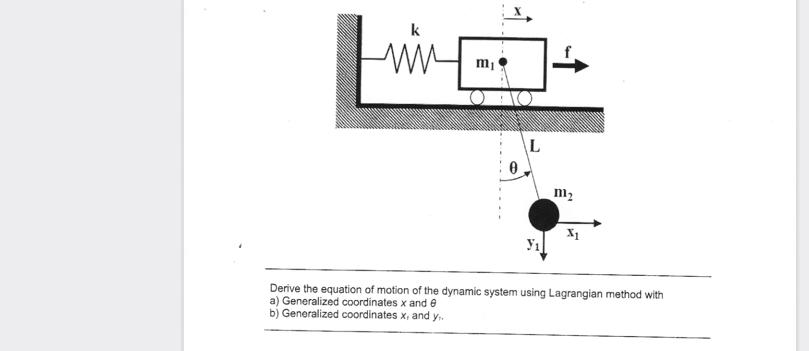 Derive the equation of motion of the dynamic system using Lagrangian method with
a) Generalized coordinates \( x \) and \( \t