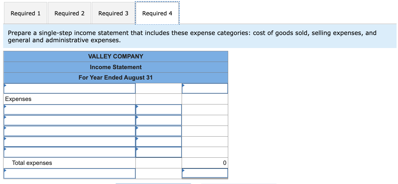 Prepare a single-step income statement that includes these expense categories: cost of goods sold, selling expenses, and gene