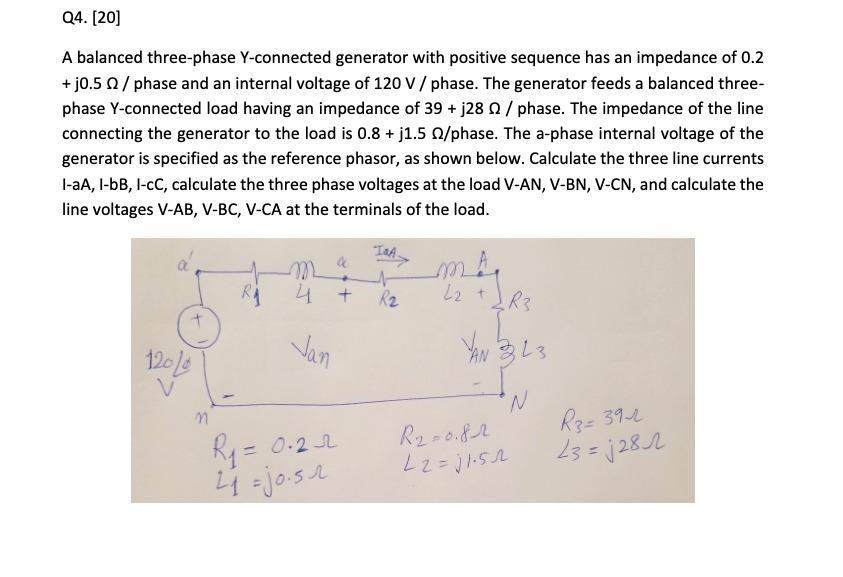 Solved Q4. [20] A balanced three-phase Y-connected generator | Chegg.com