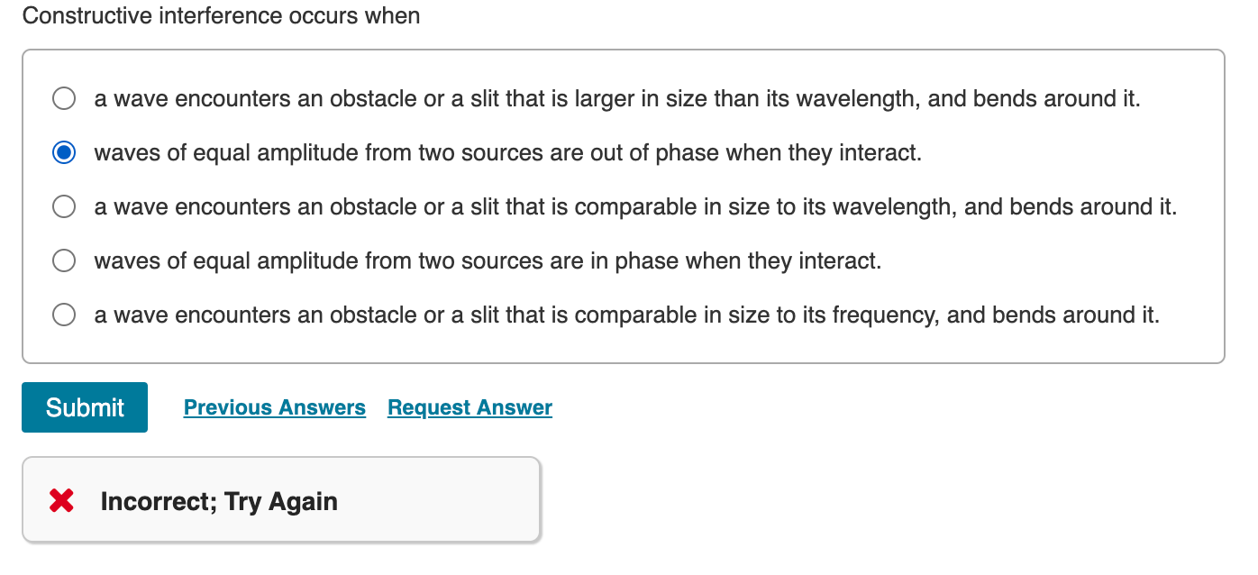 Solved Constructive interference occurs when a wave | Chegg.com