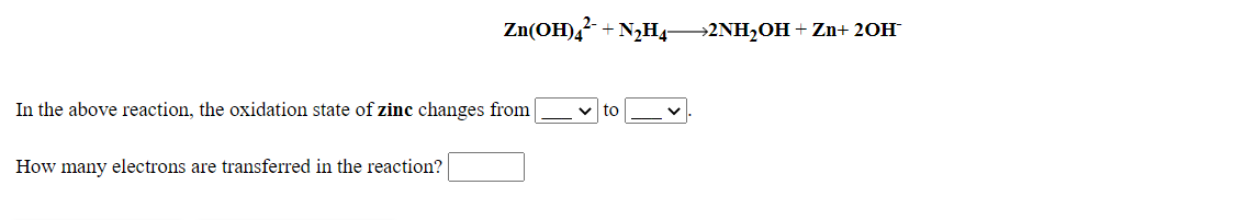 oxidation number of h in zn oh 4 2
