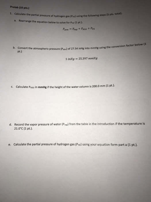Solved Prelab (10 pts.) 1. Calculate the partial pressure | Chegg.com
