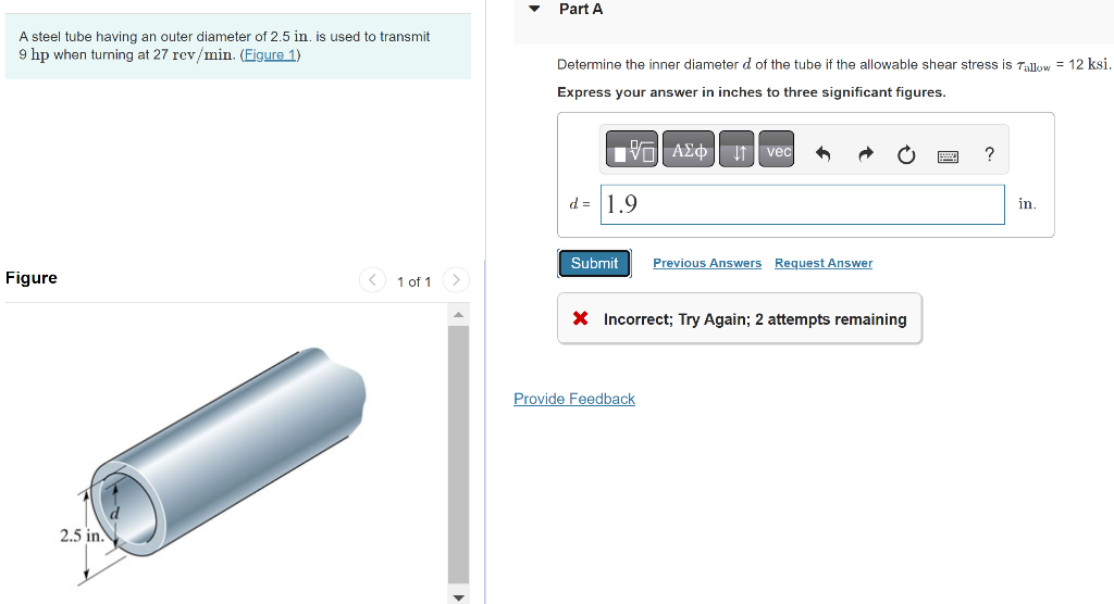 Solved A steel tube having an outer diameter of 2.5in. is | Chegg.com