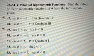 Solved 47-54 = Values of Trigonometric Functions Find the | Chegg.com