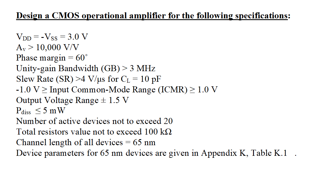 Design a CMOS operational amplifier for the following | Chegg.com