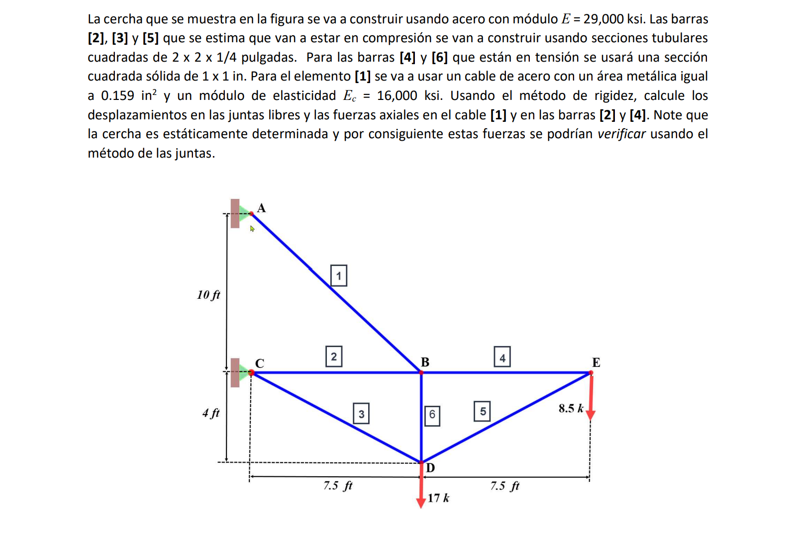 La cercha que se muestra en la figura se va a construir usando acero con módulo \( E=29,000 \mathrm{ksi} \). Las barras [2],