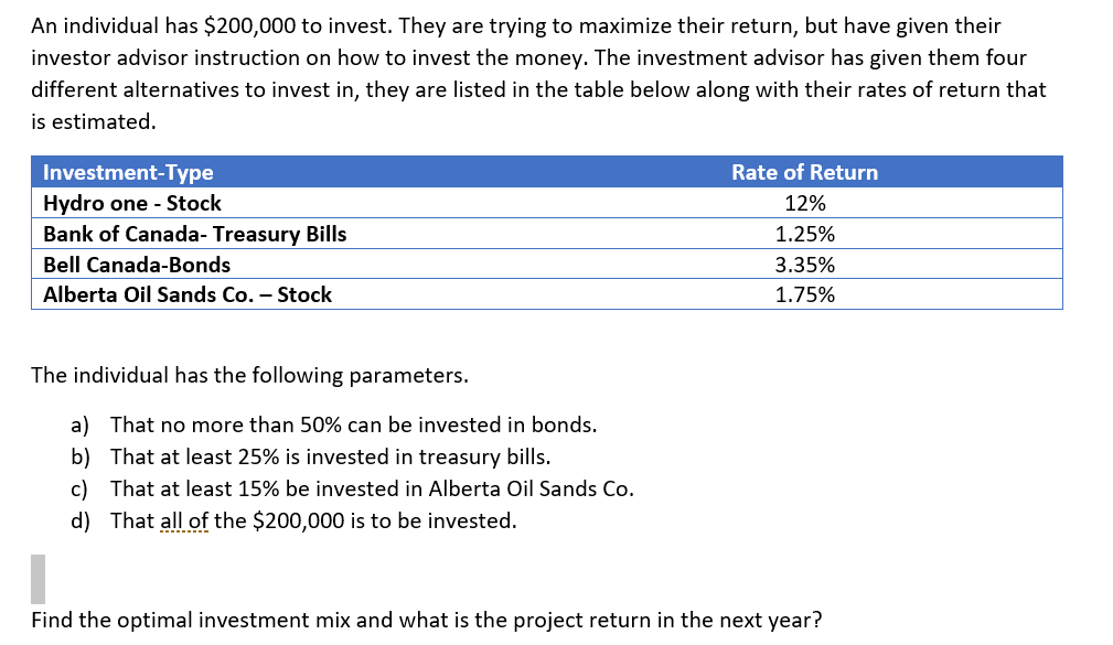 Solved An Individual Has $200,000 To Invest. They Are Trying | Chegg.com
