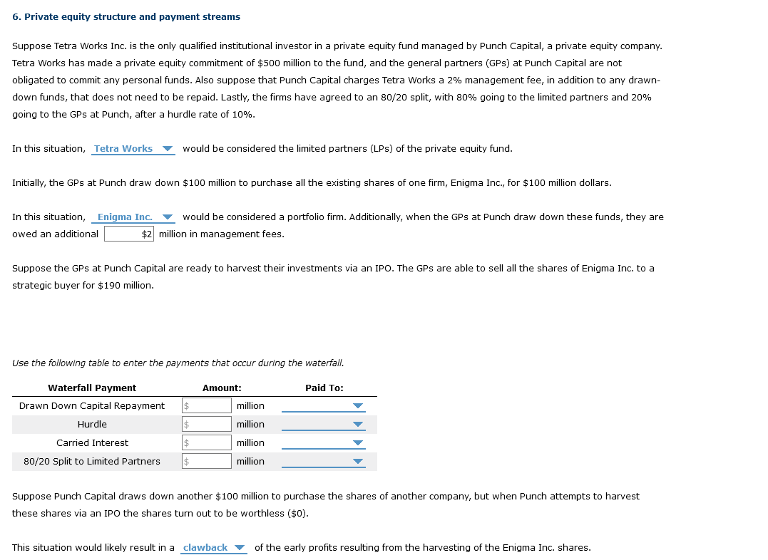 Solved 6 Private Equity Structure And Payment Streams Chegg Com