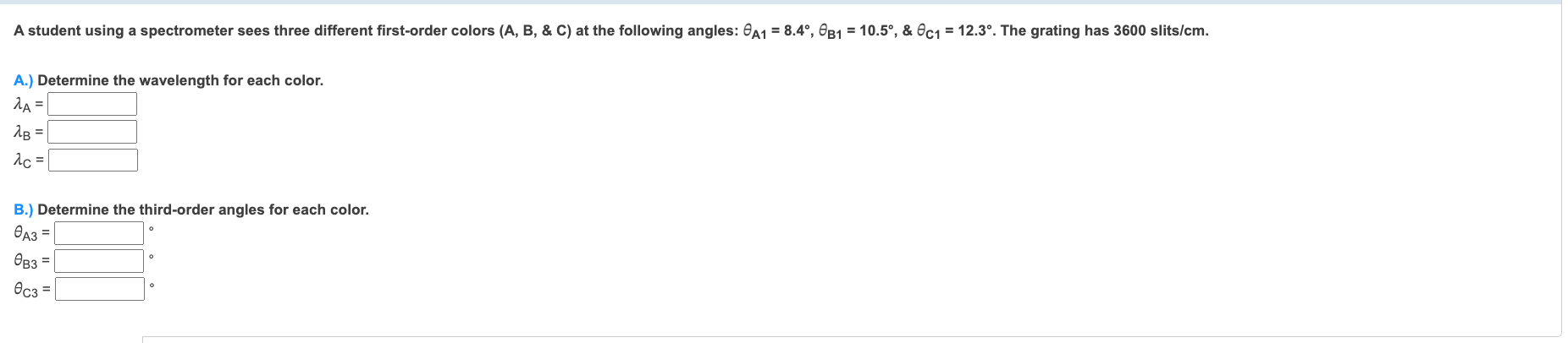 Solved A student using a spectrometer sees three different | Chegg.com