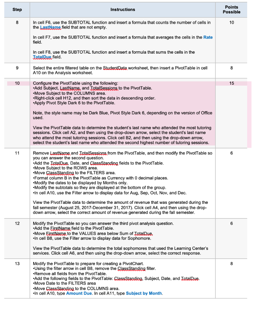 Step Instructions Points Possible 10 In cell F6, use | Chegg.com
