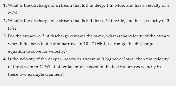 Solved 1. What is the discharge of a stream that is 3 m | Chegg.com