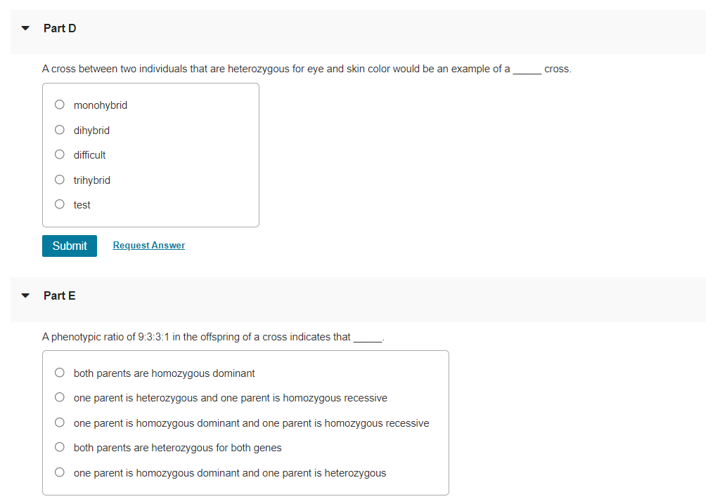 Solved Part D A cross between two individuals that are | Chegg.com