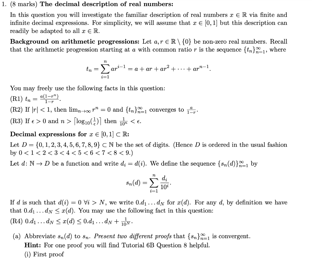 1. (8 marks) The decimal description of real numbers: | Chegg.com