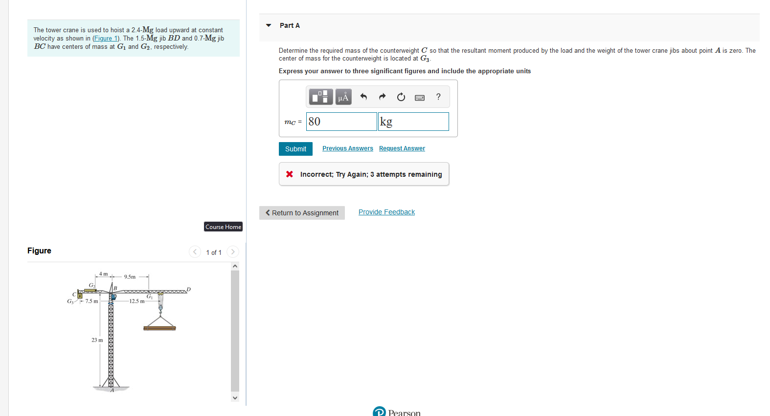 The tower crane is used to hoist a 2.4−Mg load upward