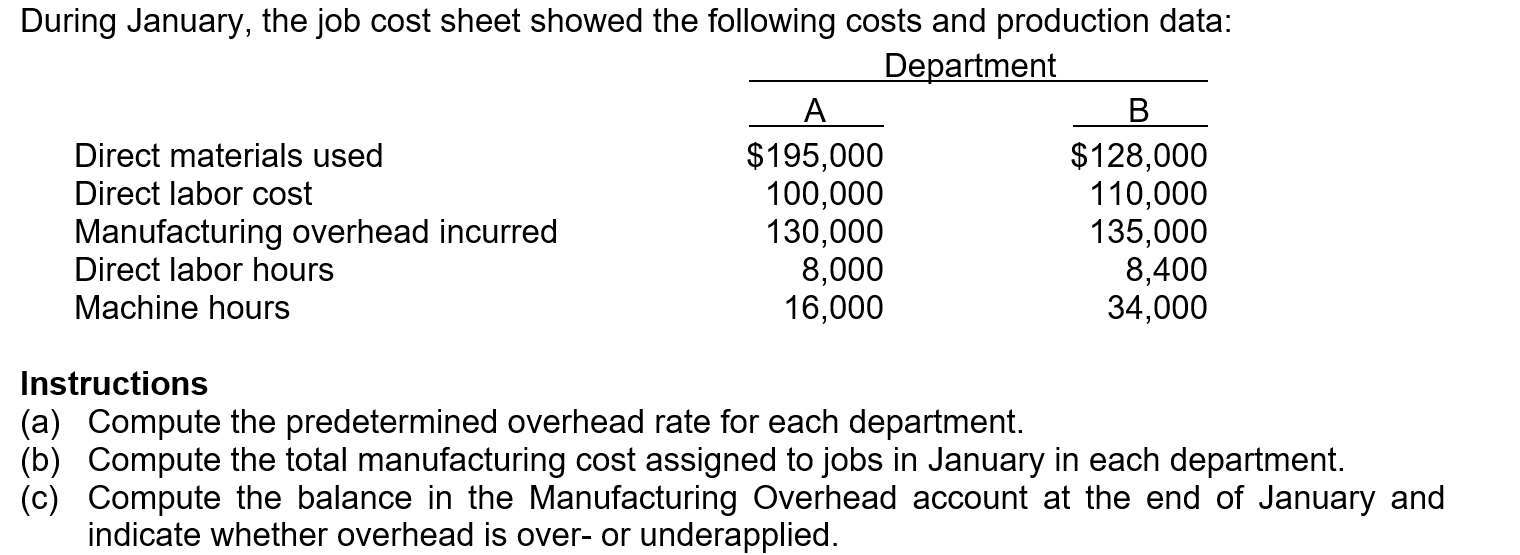 Solved During January, the job cost sheet showed the | Chegg.com