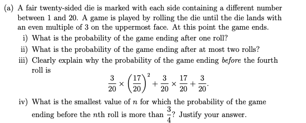 Solved a) A fair twenty-sided die is marked with each side | Chegg.com