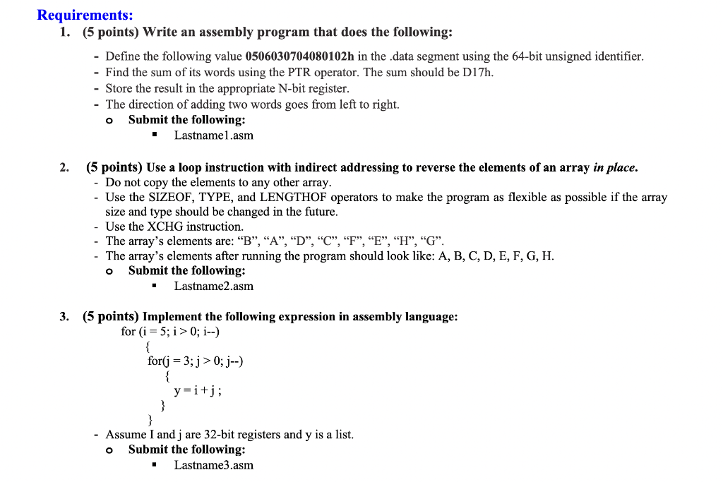 Solved Requirements: 1. (5 points) Write an assembly program | Chegg.com