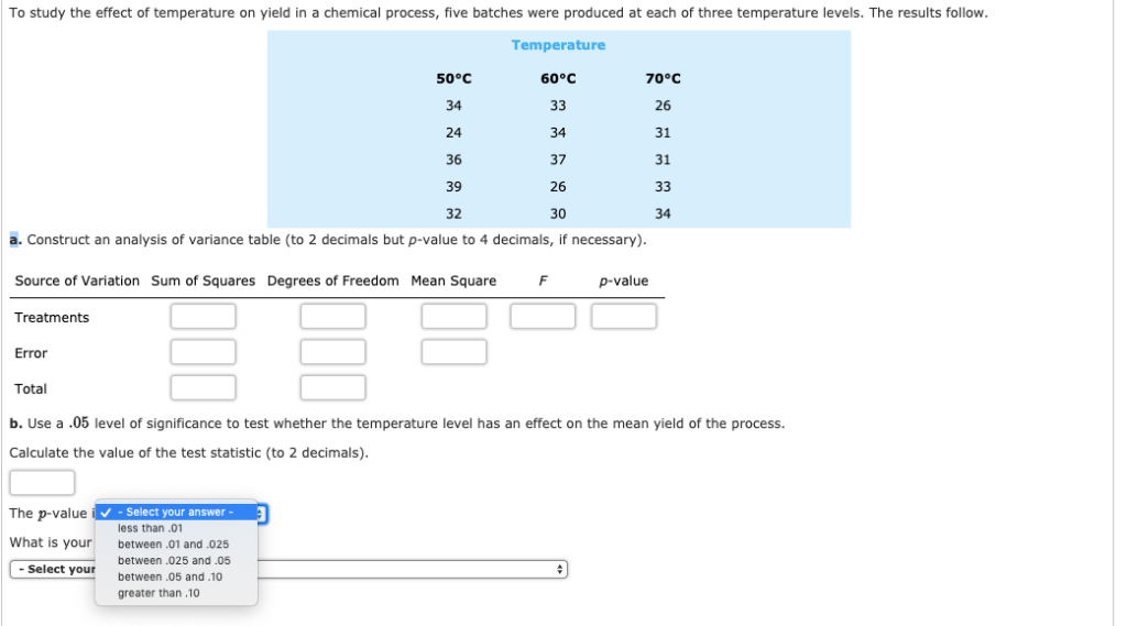 Solved To study the effect of temperature on yield in a | Chegg.com