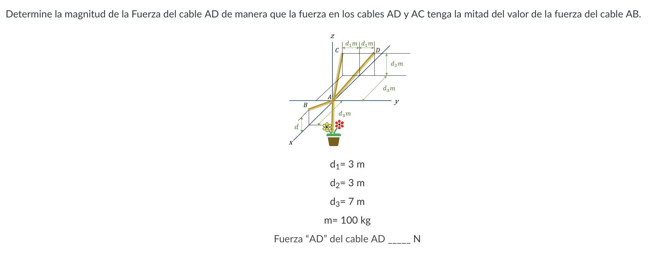 \[ \begin{array}{c} d_{1}=3 \mathrm{~m} \\ d_{2}=3 \mathrm{~m} \\ d_{3}=7 \mathrm{~m} \\ m=100 \mathrm{~kg} \end{array} \] Fu