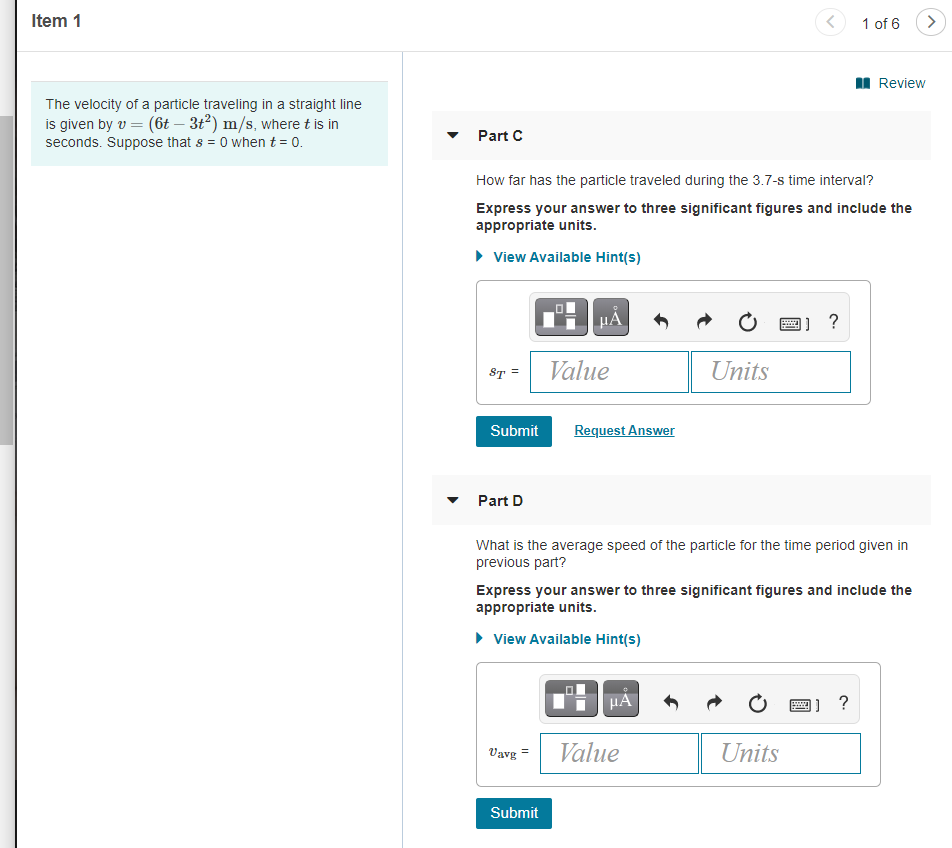 Solved Item 1 A Review The velocity of a particle | Chegg.com