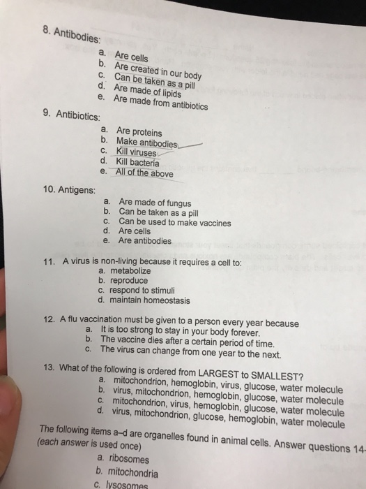 Solved 8. Antibodies a. Are cells b. Are created in our