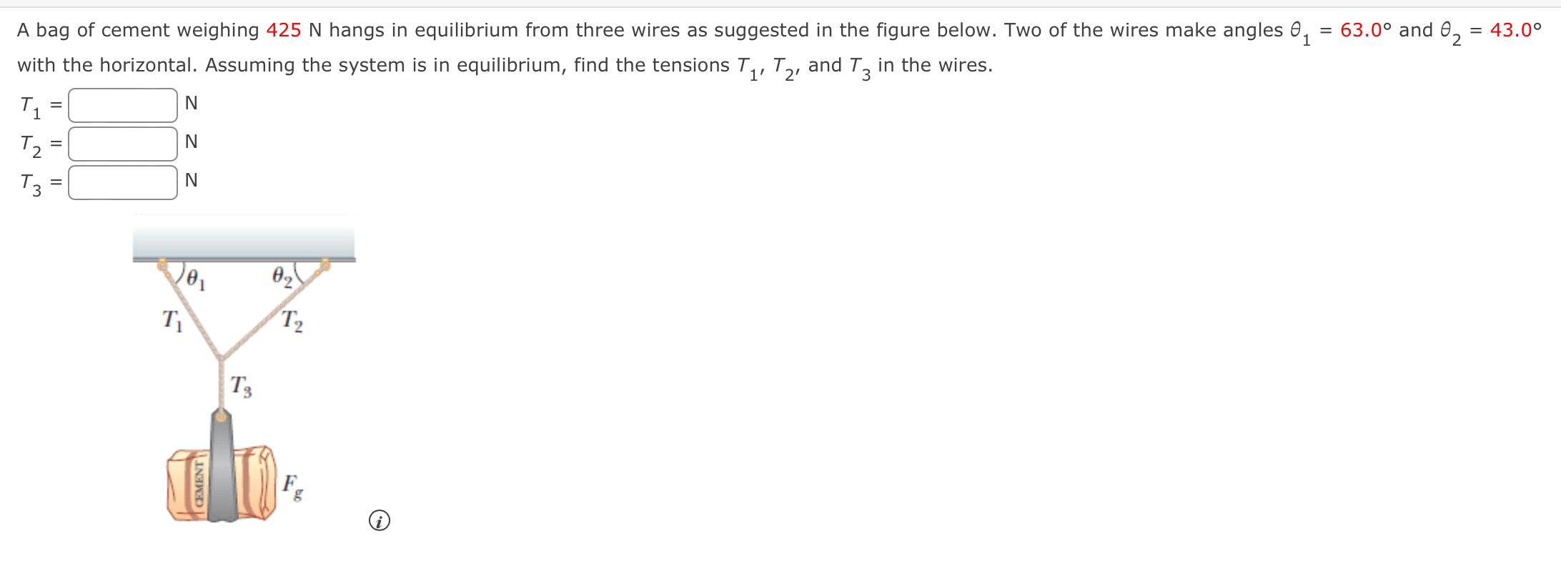 Solved A bag of cement weighing 425 N hangs in equilibrium | Chegg.com