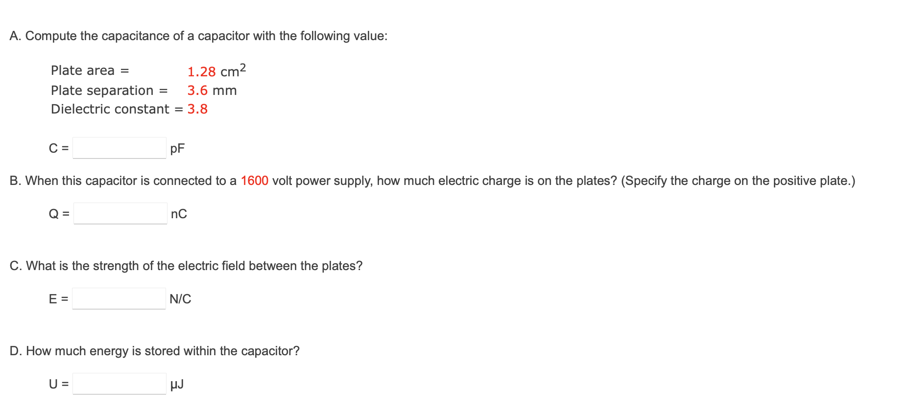 Solved A. Compute the capacitance of a capacitor with the | Chegg.com