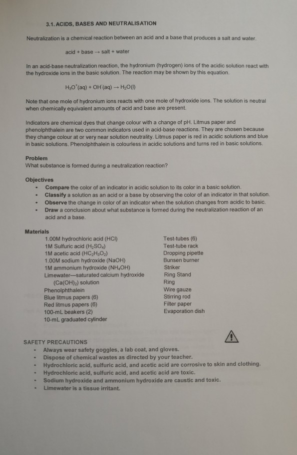 Solved 3 1 Acids Bases And Neutralisation Neutralizatio Chegg Com