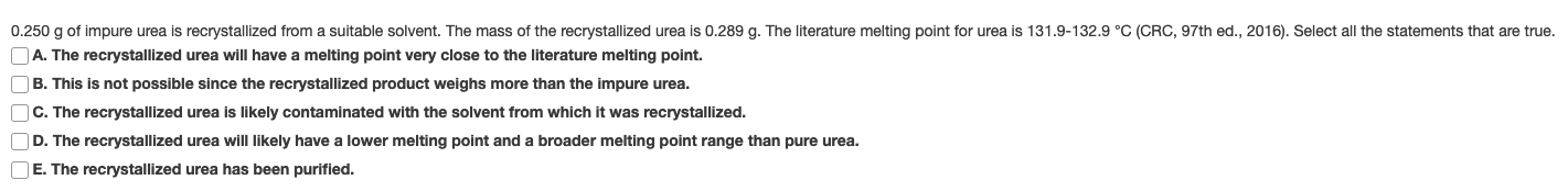 Solved 0.250 g of impure urea is recrystallized from a | Chegg.com