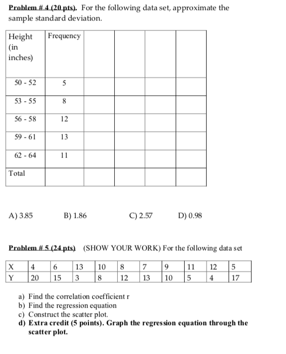 Solved Problem # 4 (20 pts). For the following data set, | Chegg.com