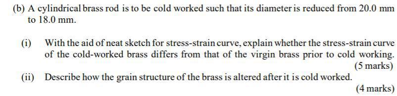 Solved (b) A cylindrical brass rod is to be cold worked such | Chegg.com