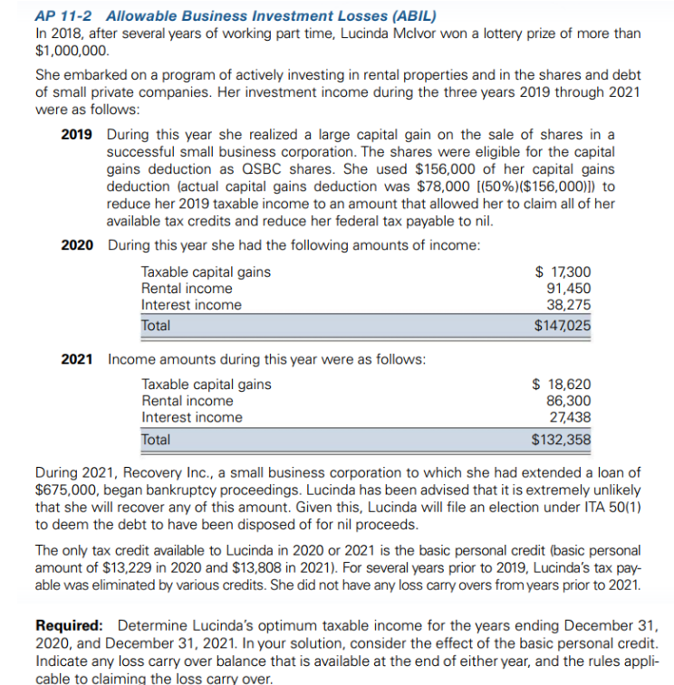 Solved AP 11-2 Allowable Business Investment Losses (ABIL) | Chegg.com