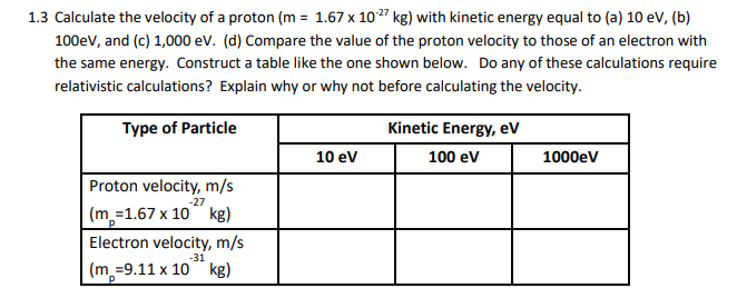 Solved 1.3 Calculate The Velocity Of A Proton (m=1.67×10−27 | Chegg.com