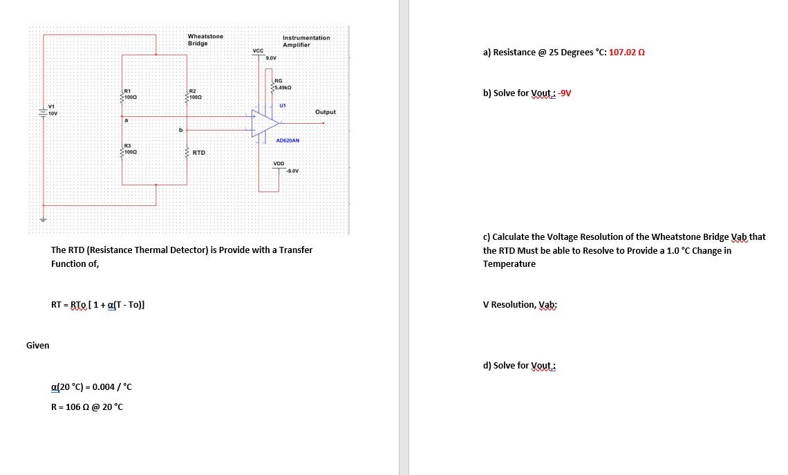 Solved Wheatstone Bridge Instrumentation Amplifier VCC 9.00