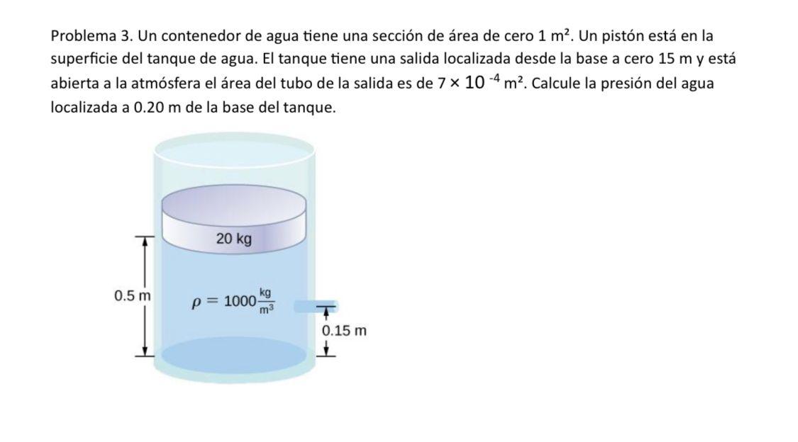 Problema 3. Un contenedor de agua tiene una sección de área de cero \( 1 \mathrm{~m}^{2} \). Un pistón está en la superficie